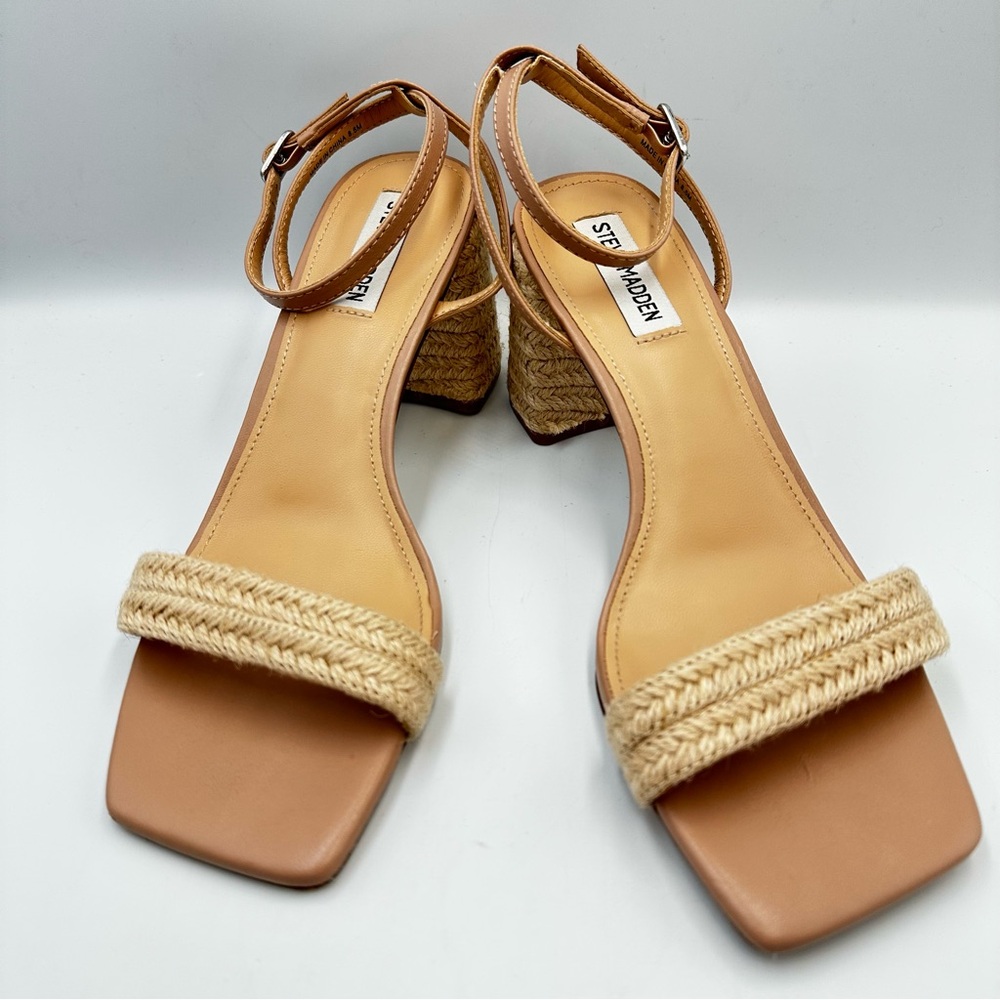 Steve Madden Luxe Nat Raffia Heel Sandal Leather Fabric Ankle Strap Size 8.5M